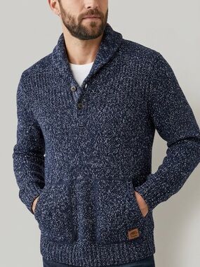 Roots Cabin Navy Marled Knit Shawl-Collar V-Neck Sweater Men’s Size Medium